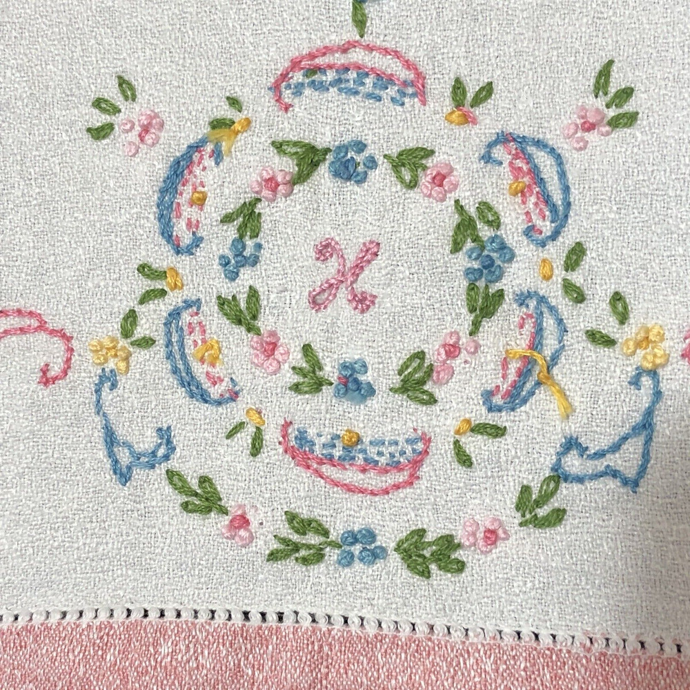 Vintage Tea Towel Set Monogram H K X Embroidered Tiny Flowers Pink Blue - Picture 13 of 16